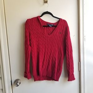 Ralph Lauren Large Red Cableknit V-neck Sweater